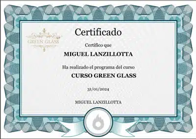 Certificado del curso cortar botellas de vidrio Green Glass
